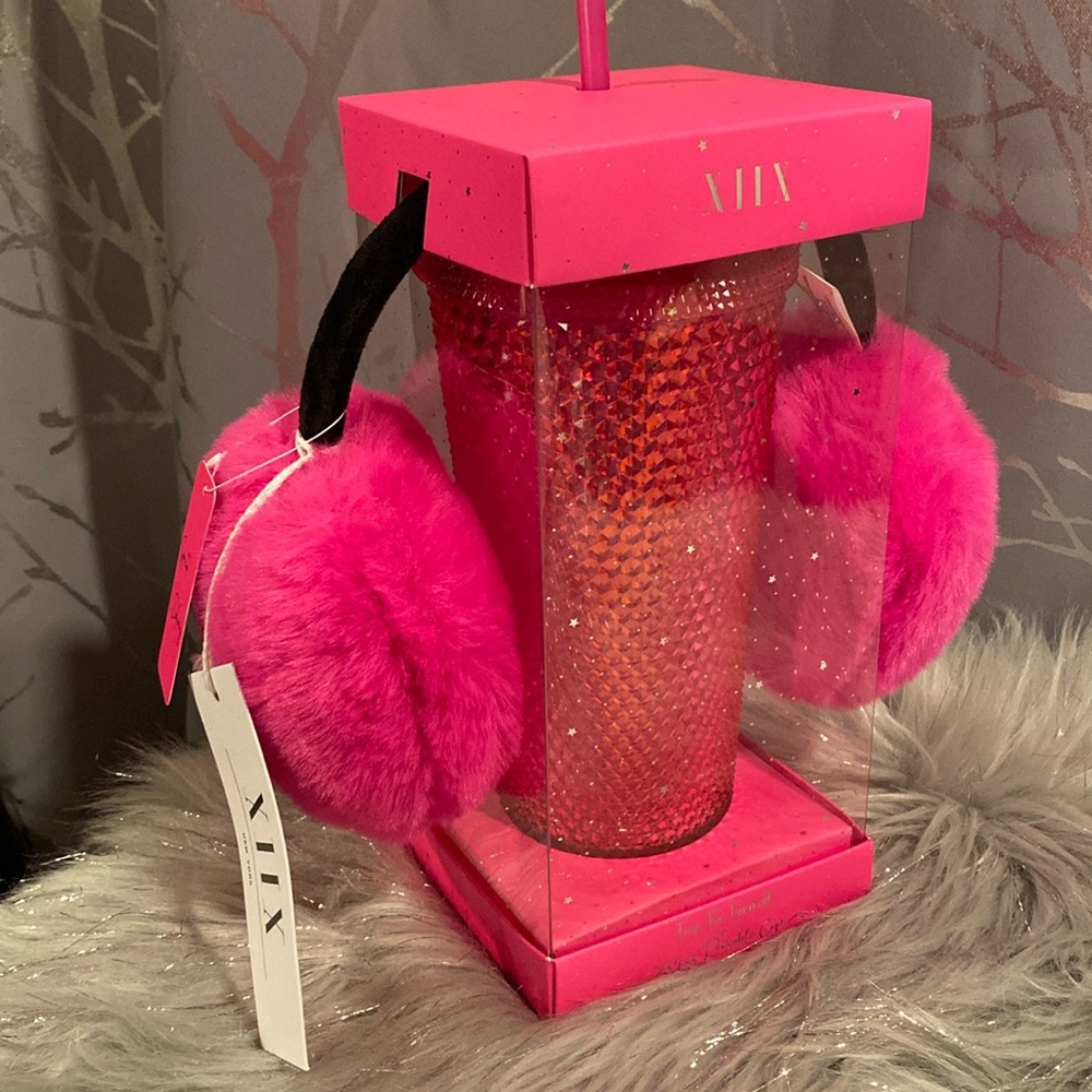 BNWT XIIX Bright Pink Earmuffs and 24oz Tumbler Gift Set